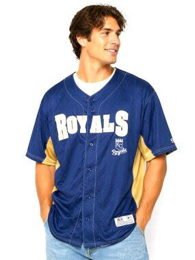 Kansas City Royals MLB True Fan Series Jersey Blue Gold Mens XL Button Front